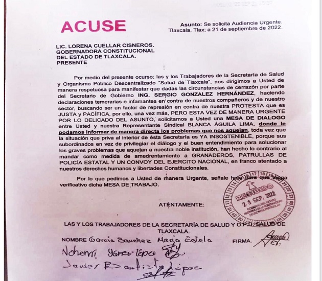 Piden trabajadores de la salud diálogo con la gobernadora de Tlaxcala