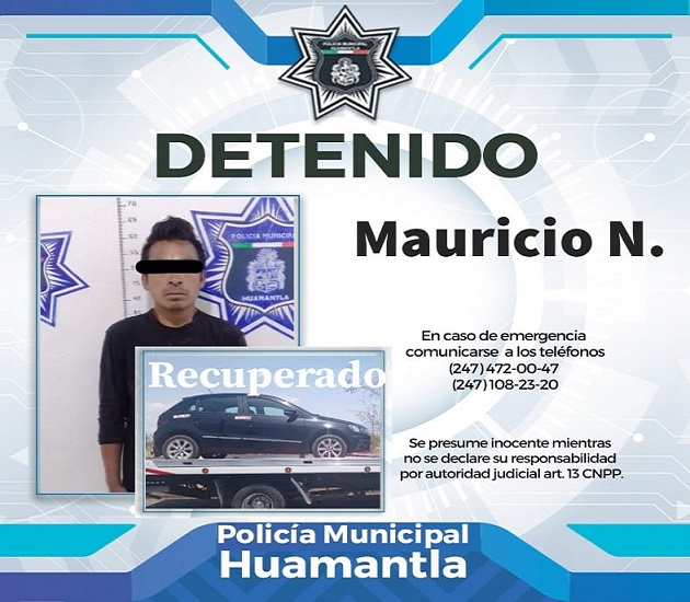 Recupera Policía de Huamantla auto con reporte de robo y asegura al presunto responsable