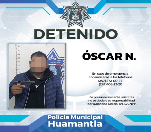 Detiene Policía de Huamantla a sujeto armado; lo pone a disposición de la FGR