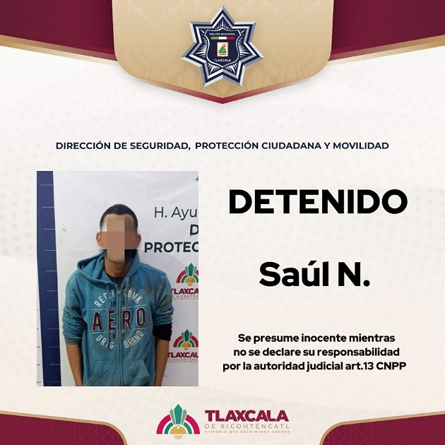 Policía Municipal de Tlaxcala asegura a hombre tras intento de robo de motocicleta