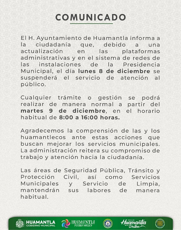 Huamantla suspende atención al público el 8 de diciembre por actualización de sistemas