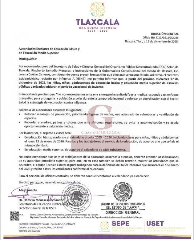 Por prevención ante influenza, Tlaxcala adelanta vacaciones de invierno en educación básica y media superior