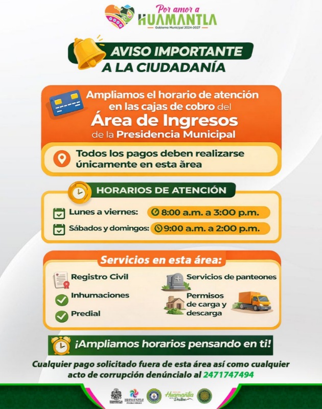 Gobierno municipal de Huamantla amplía horarios de atención en cajas de cobro y refuerza llamado a la transparencia