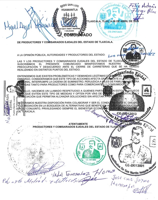 Productores y comisariados ejidales de Tlaxcala se pronuncian contra bloqueos carreteros