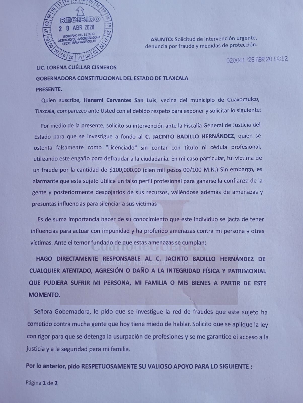 Denuncian presunto fraude por 100 mil pesos y amenazas de ‘falso’ abogado en Cuaxomulco