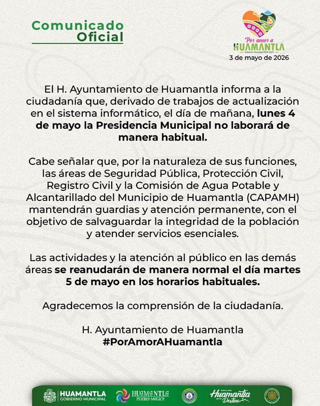 Suspende labores Presidencia Municipal de Huamantla este 4 de mayo por actualización de sistema