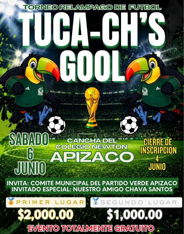 El Partido Verde Apizaco invita al torneo relámpago Tuca-Ch’s Gol