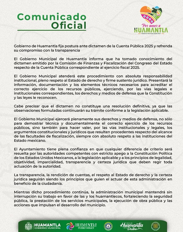 Gobierno de Huamantla fija postura ante dictamen de la Cuenta Pública 2025 y refrenda su compromiso con la transparencia